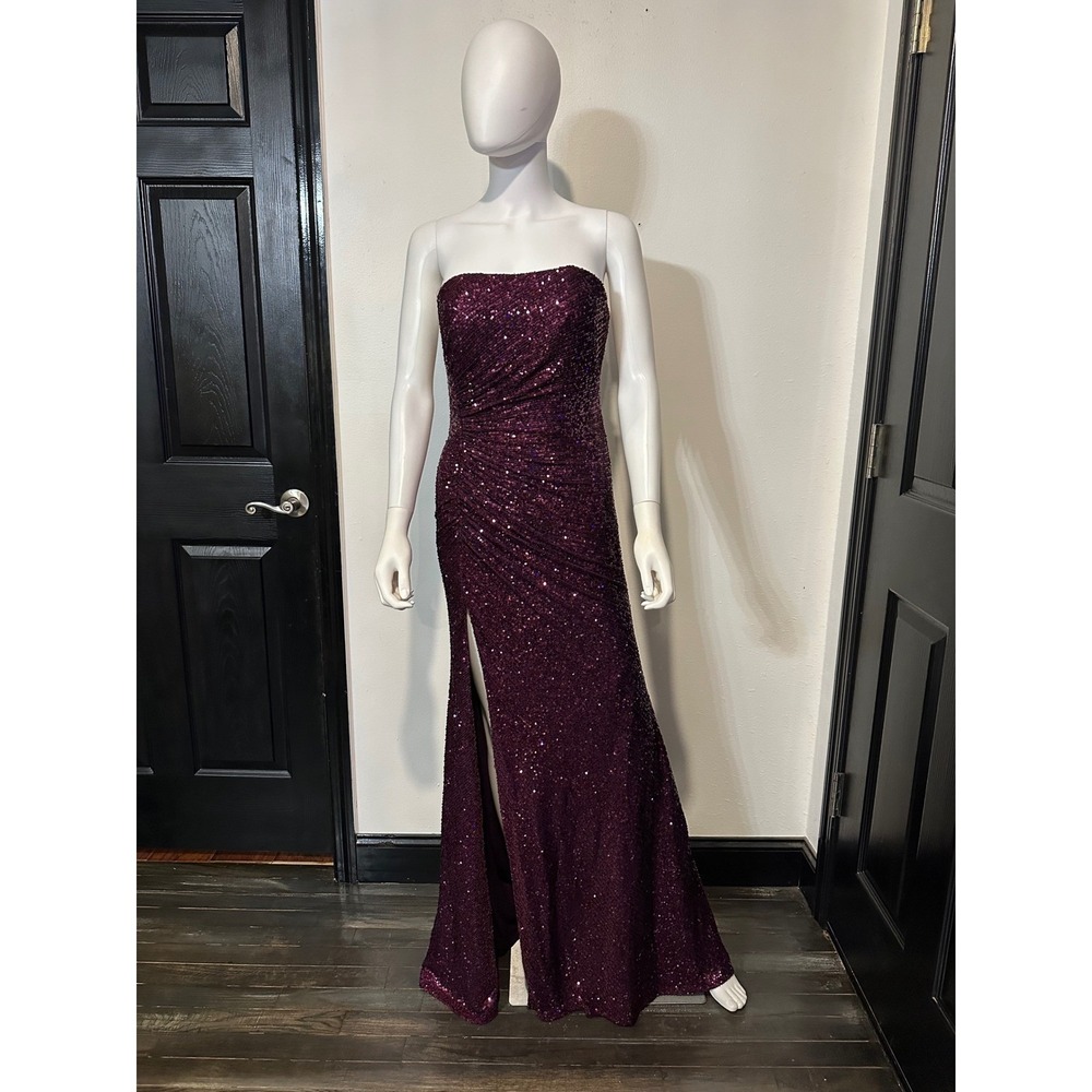 La Femme Strapless Sequin Ruched Gown Dark Berry Purple High Slit Prom Dress NEW
